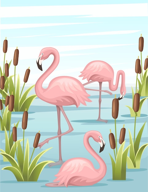 Groep die roze flamingo zich in de illustratie van het watermeer bevindt