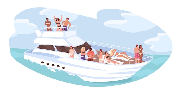 Groep diverse mensen die op cruisejacht ontspannen bij oceaan vectorillustratie. Man en vrouw dansen, zonnen, cocktails drinken geïsoleerd. Vrienden die op schip rusten. Concept van reizen en vakantie.