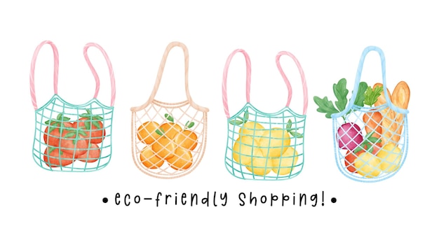 Groep ecovriendelijke herbruikbare boodschappentas vol vers fruit en groente aquarel hand tekenen illustratie banner geïsoleerd op witte achtergrond