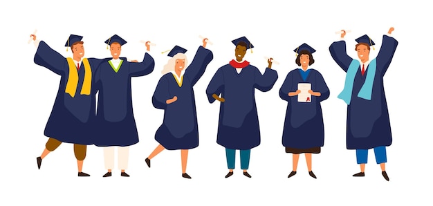 Groep gelukkige afgestudeerde studenten die academische jurk, toga of gewaad en afstudeerpet dragen en diploma houden. Jongens en meisjes vieren universitaire afstuderen. Platte cartoon vectorillustratie.