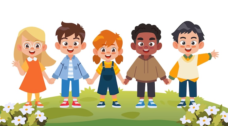 Vector groep gelukkige kinderen die elkaar de hand geven.