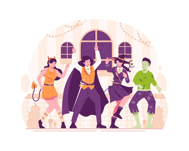 Groep gelukkige mensen gekleed in verschillende Halloween-kostuums dansen op een Halloween-feest