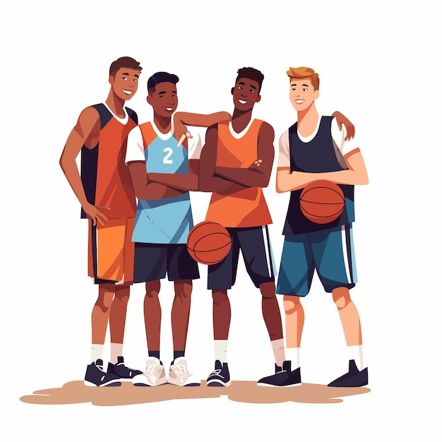 Vector groep gemotiveerde basketbalspelers staan samen.