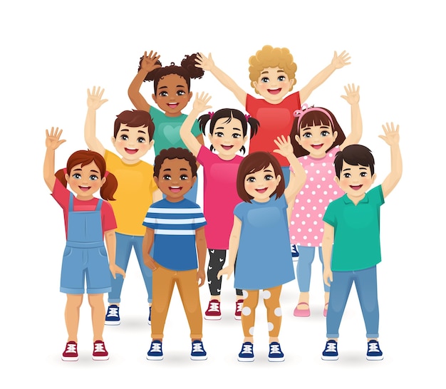 Groep glimlachende kinderen jongens en meisjes die met hun handen zwaaien geïsoleerde vector illustratie multi-etnische kleine