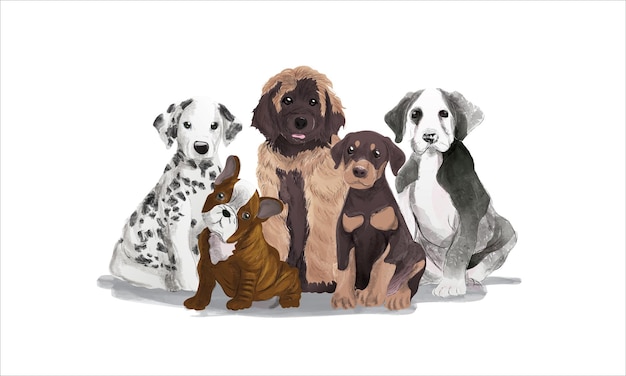Vector groep honden puppies portret aquarel realistische vectorillustratie op witte achtergrond