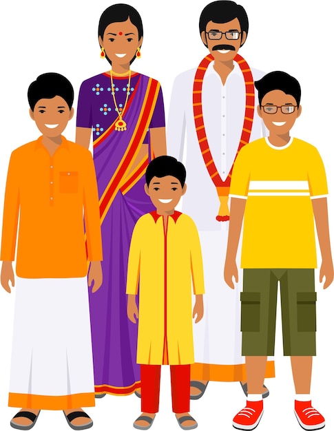 Vector groep indiase mannen en vrouwen van verschillende leeftijden die samen staan in traditionele nationale kleding