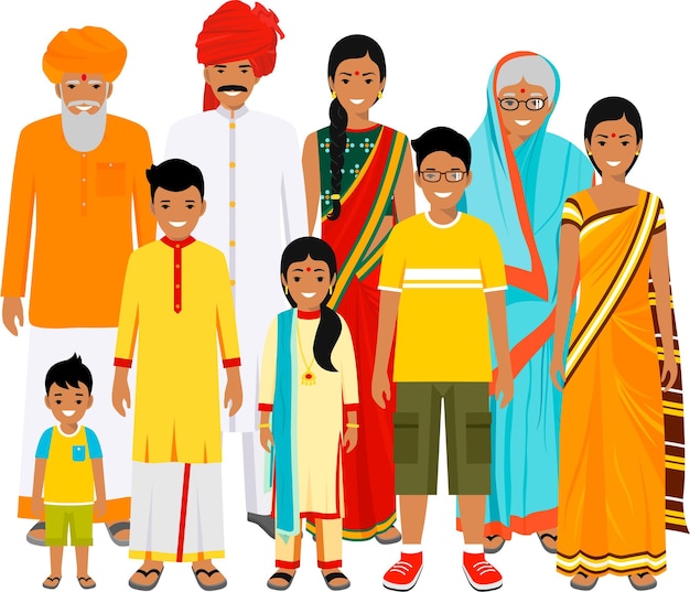 Groep Indiase mannen en vrouwen van verschillende leeftijden die samen staan in traditionele nationale kleding