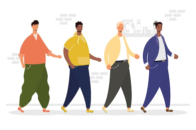 Groep interraciale mannen die karakters lopen