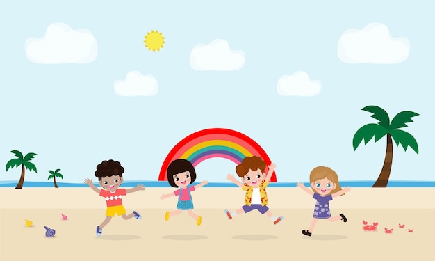 Groep kinderen spelen en springen op het strand