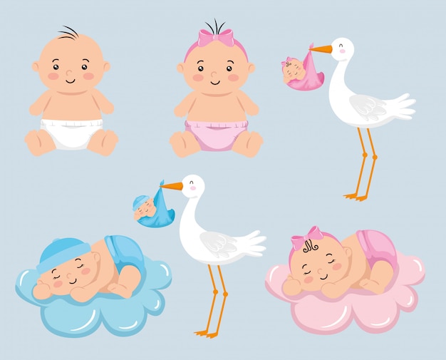 Vector groep kleine baby's met schattige ooievaar