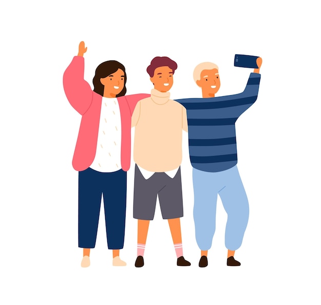 Groep lachende vrienden of klasgenoten die selfie nemen, gebruiken platte vectorillustratie voor smartphone. gelukkige kinderen die samen fotograferen, houden mobiele telefoon geïsoleerd. kinderen knuffelen genieten van vriendschap.