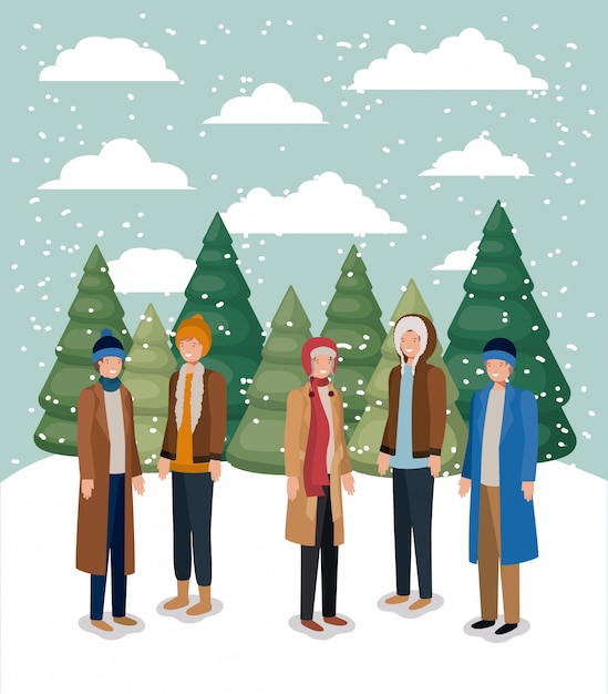 Vector groep mannen in snowscape met winterkleren