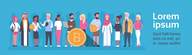 Groep mensen die gouden Bitcoin horizontale Banner moderne Web geld digitale Crypto valuta Co