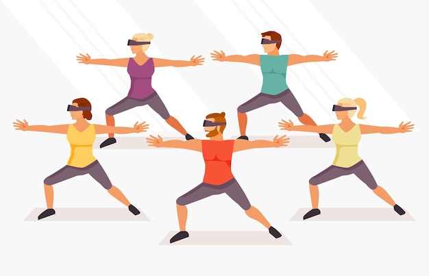 Vector groep mensen die yoga beoefenen in een virtuele bril. vector illustratie