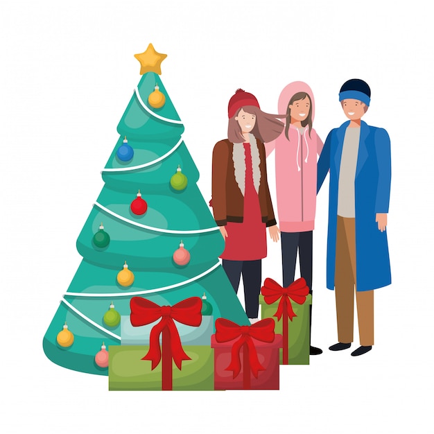 Groep mensen met kerstboom en geschenken