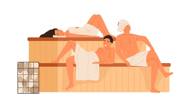 Groep mensen ontspannen in de openbare sauna of banya platte vectorillustratie. Man en vrouw zitten en liggen op de banken in het stoombad geïsoleerd. Vrienden gewikkeld in handdoeken rustend in het stoombad.