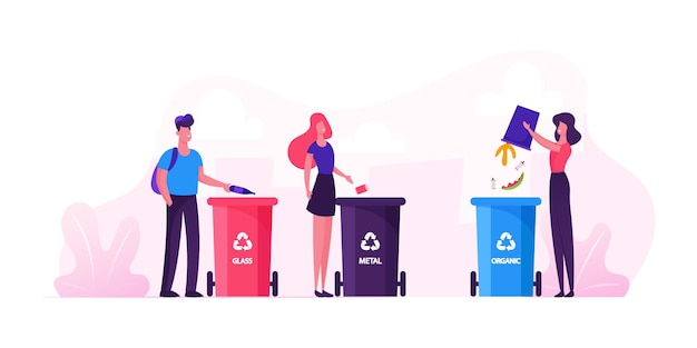 Groep mensen Stadsbewoners gooien afval om afvalbakken voor glas, metaal en organisch afval te recyclen. Cartoon vlakke afbeelding