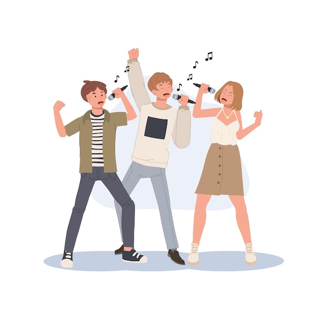 Vector groep mensen zingen zingen karaoke en genieten van tijd samen plezier maken muziekliefhebber melodielied hobby
