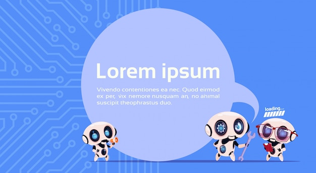 Groep moderne robots chatter bot of chatbot op blauwe kringsachtergrond met exemplaarruimte