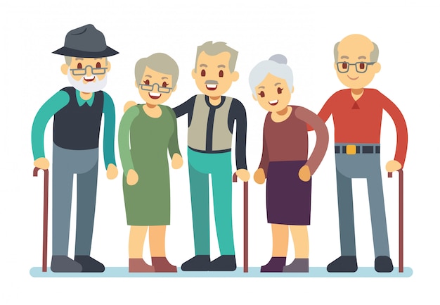 Vector groep oude mensen stripfiguren. gelukkige bejaarde vrienden vectorillustratie