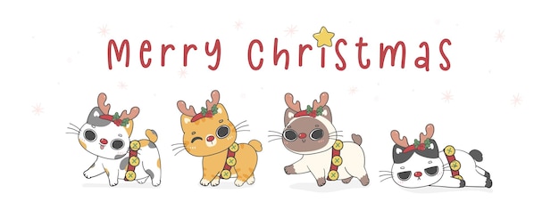 Groep schattige kitten katten met Chirstmas rendieren anthler cartoon hand tekenen Merry christmas flat illustratie vector banner