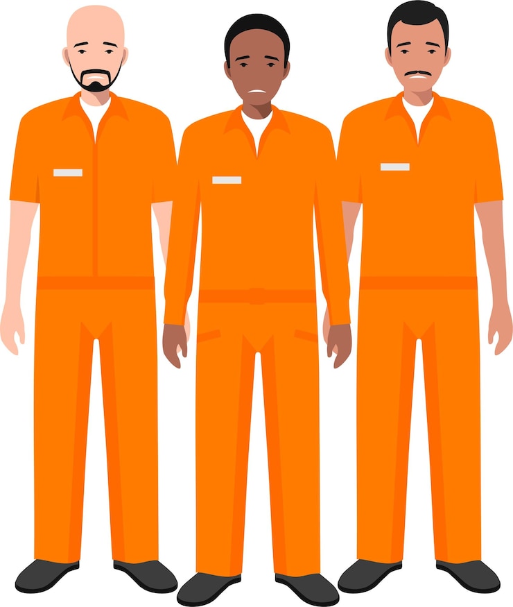 Vector groep staande gevangenen persoon in traditionele gevangeniskleding karakter icoon in platte stijl