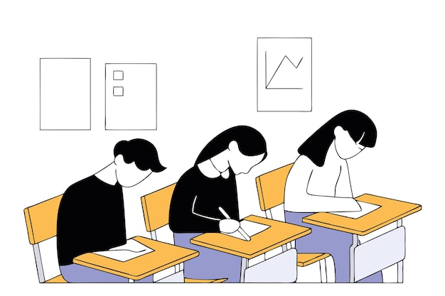 Groep studenten die het examen afleggen Vector vlakke illustratie