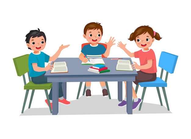 Groep studenten kinderen studeren samen huiswerk lezen bespreken rond de tafel