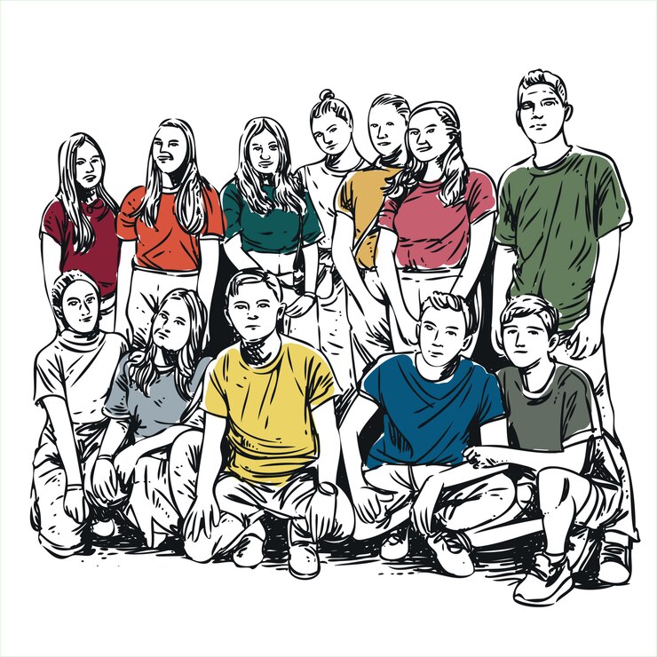 Vector groep tieners jongens en meisjes lijntekeningen