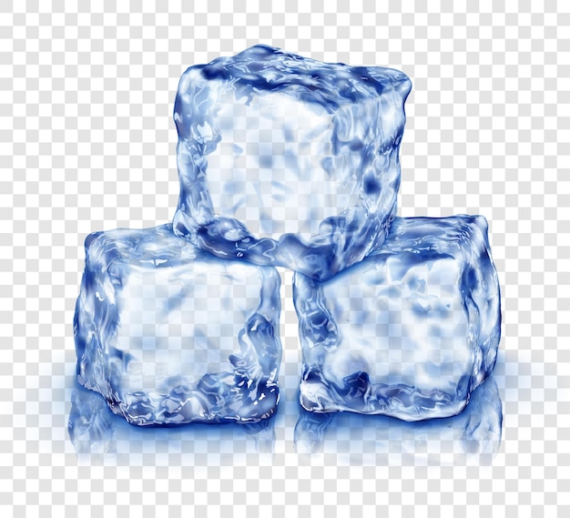 Groep van drie realistische doorschijnende ijsblokjes in blauwe kleur met reflectie geïsoleerd op transparante achtergrond Transparantie alleen in vectorformaat