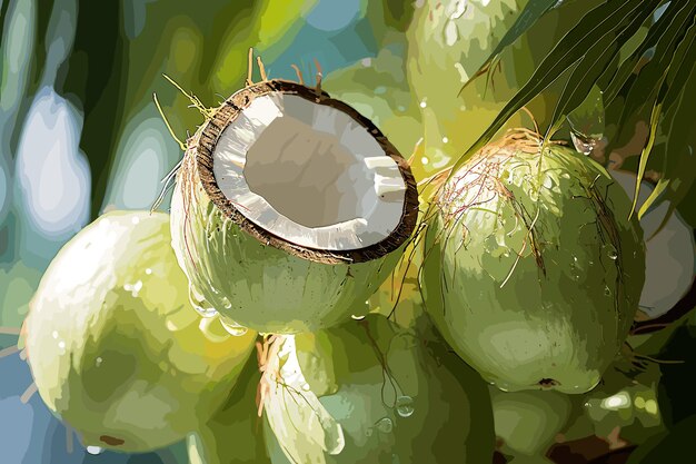 Vector groep van een groene kokosnoot op de boom closeup foto kokosboom in de tuin gezonde vruchten