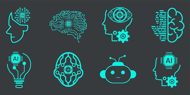 Groep van met kunstmatige intelligentie gerelateerde vectorlijnpictogrammen bevat iconen zoals gezichtsherkenning