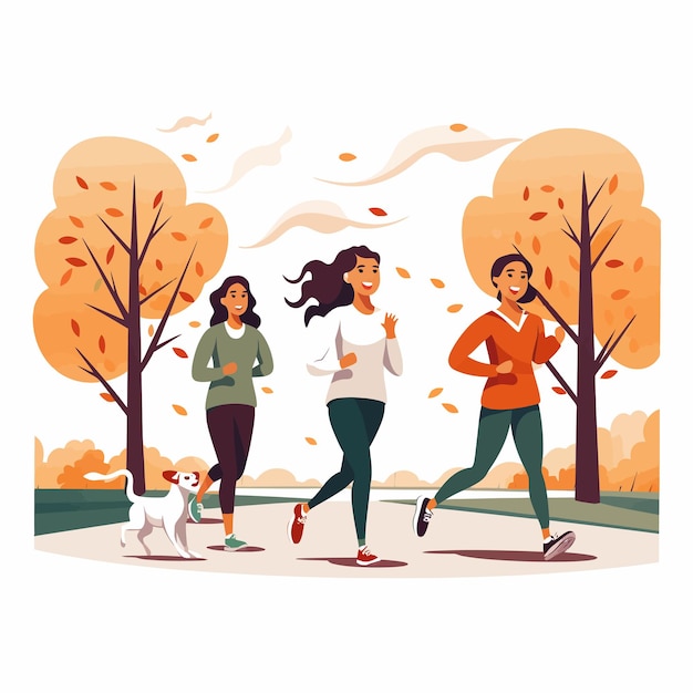 Vector groep van middelbare leeftijd vrouwen die joggen in het park.