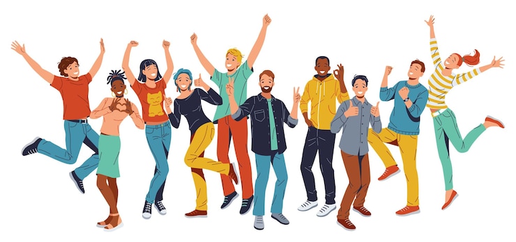 Vector groep van verschillende jongeren die samen in de lucht springen om te vieren of vreugdevol te zijn