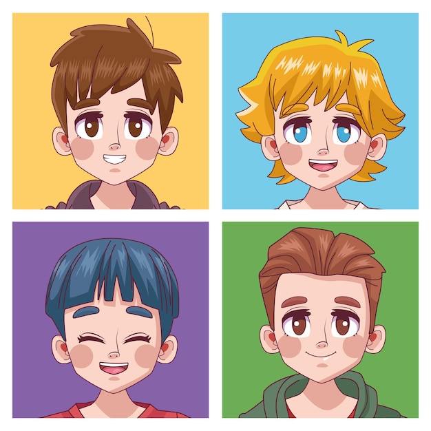 Groep van vier schattige jongeren jongens tieners manga anime hoofden karakters illustratie