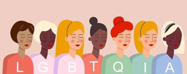 Vector groep van zeven vrouwen die vrouwelijke macht, lesbische lgbt-rechten en representatieve t-shirts vertegenwoordigen vector illustration