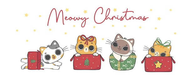 Groep verschillende rassen van schattige ondeugende katjeskat Kerstmis in geschenkverpakking Meowy Christmas