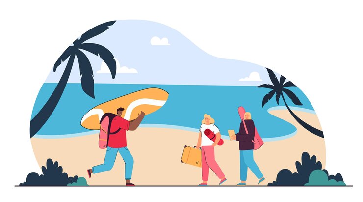 Vector groep vrienden gaan ontspannen op het strand. vlakke afbeelding