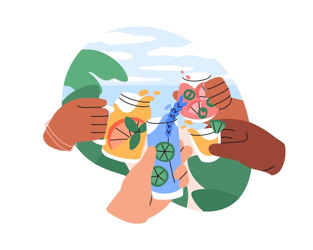 Groep vrienden handen juichen met cocktails en vieren feest feliciteren Diverse armen houden glazen voor felicitaties in de natuur Platte grafische vector illustratie geïsoleerd op witte achtergrond
