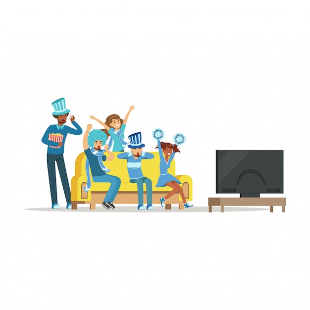 Vector groep vrienden kijken naar sport op tv en thuis overwinning vieren. mensen gekleed in blauw ter ondersteuning van hun favoriete sportteam illustratie