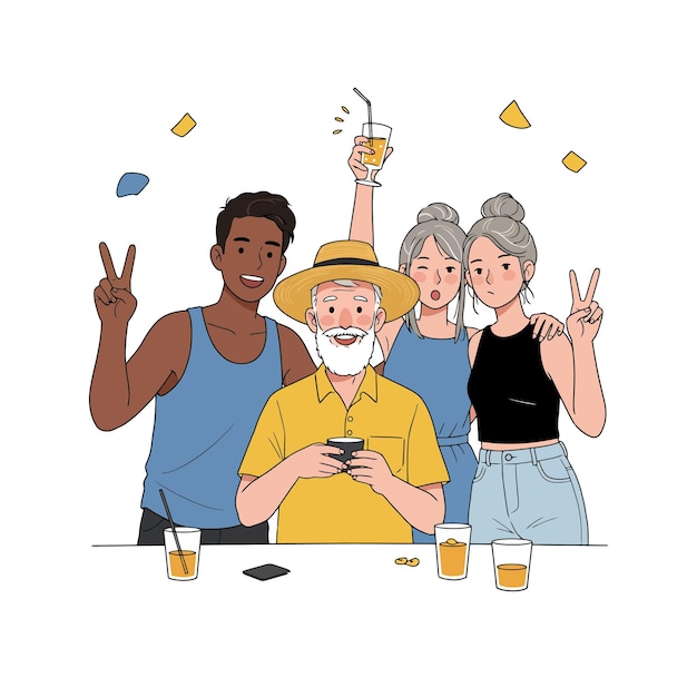 Groep vrienden vieren met dranken en confetti illustratie