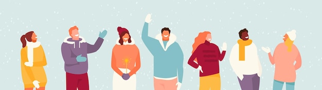 Groep vrolijke en vriendelijke mensen in winterkleren kerstillustratie