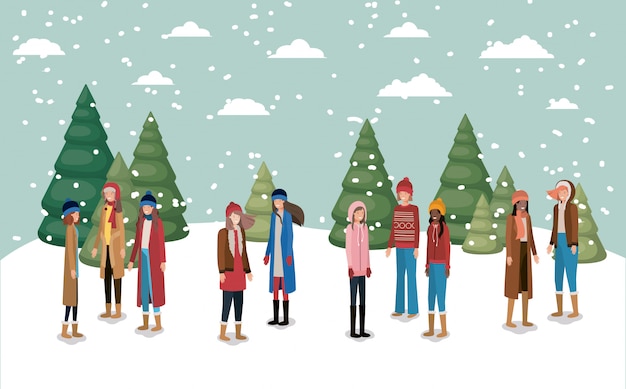 groep vrouwen in snowscape met winterkleren