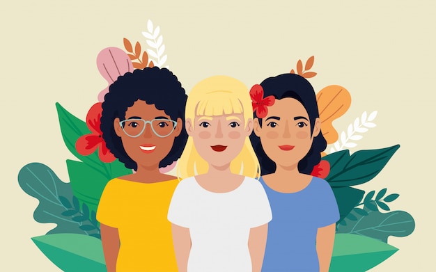 Groep vrouwen met doorbladert tropicals avatar karakter