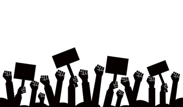 Groep vuisten opgeheven in de lucht Groep demonstranten vuisten opgeheven in de lucht