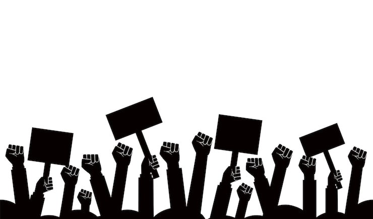 Vector groep vuisten opgeheven in de lucht groep demonstranten vuisten opgeheven in de lucht