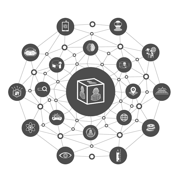 Groep zwart-witte metaverse pictogrammen met lijn veelhoek achtergrond