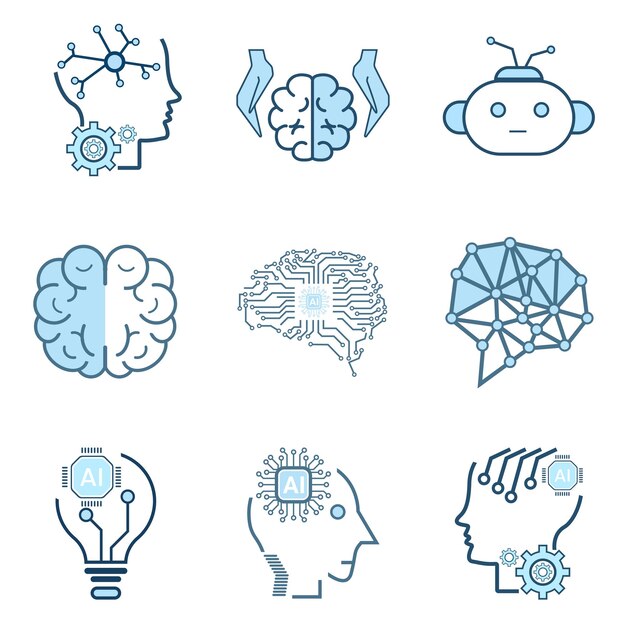 Vector groepen van ai-symbolen kunstmatige ai-iconen verzameling geïsoleerde gelijnde machine ai-icone set van hersenen