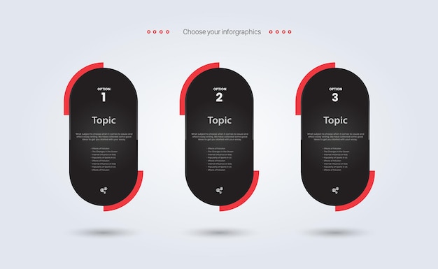 GROEPEN van Vector infographic ontwerp met drie donkere elementen en donkere infographic-opties met 3 niveaus