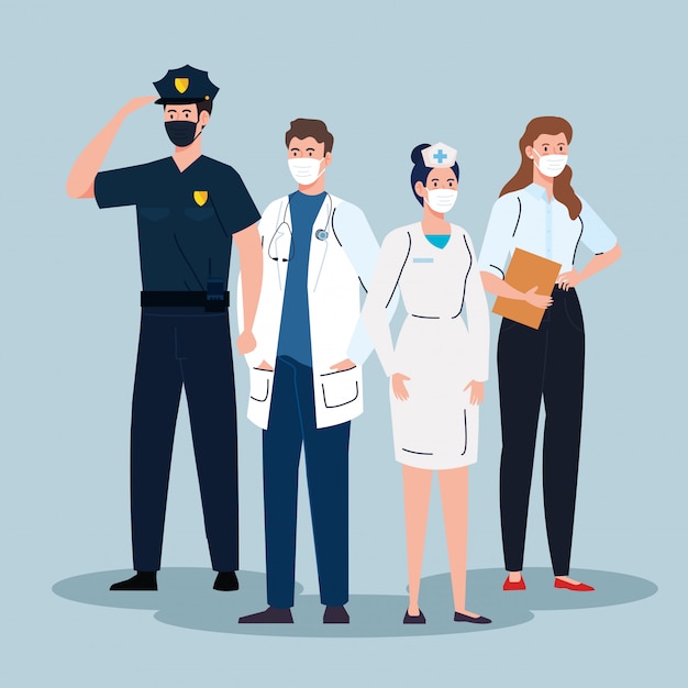 Groepsarbeiders die medisch masker dragen tegen pandemie